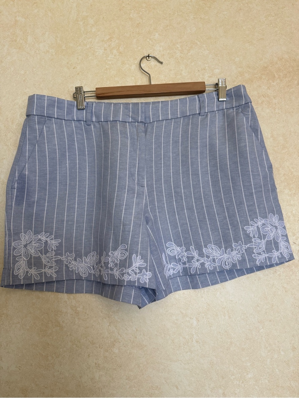 LOFT Light Blue Pinstripe Shorts with White Floral Embroidery